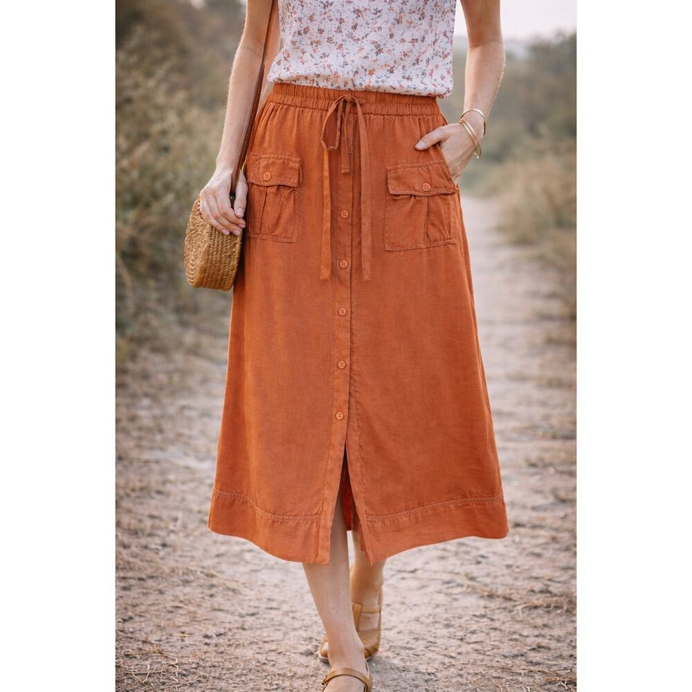 Women’s Terracotta Button-Front Utility Midi Skirt with Pockets and Tie Waist - Picture 1 of 8